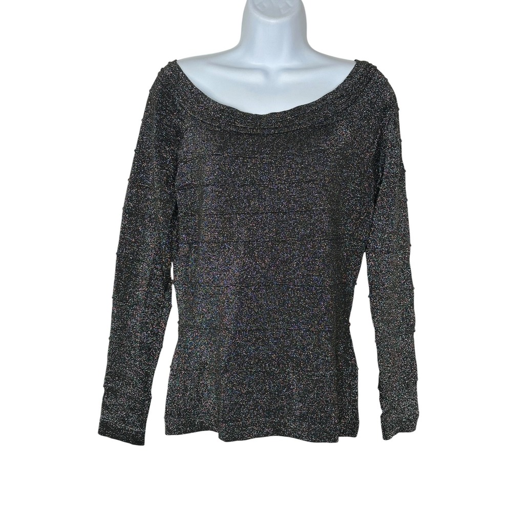 Cache Bandage Knit Top Large Black Multi Metallic Shimmer Long Sleeve Boat Neck